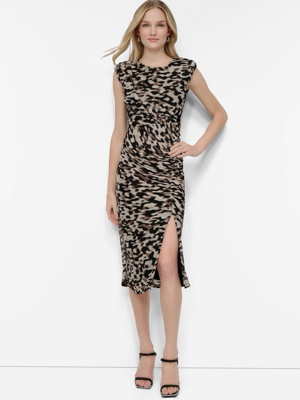 DKNY Animal Print Mesh Ruched Bodycon Midi Dress Side Slit Sz 2P Brown/Taupe NWT